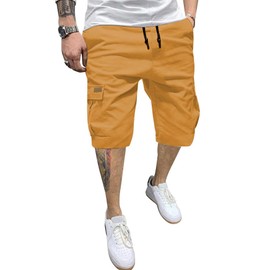 JMIERR Mens Casual Twill Cargo Shorts Cotton Drawstring Classic Cargo Chino Stretch Short with 6 Pockets for Men, US40(2XL), Yellow