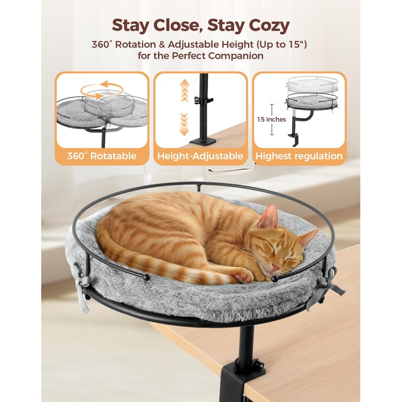 Cat Desk Bed, 360°Rotation & Height Adjustable Cat Bed for