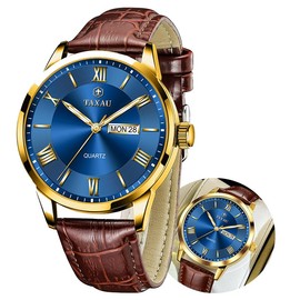Taxau Men's Watch Blue with 20 mm Brown Leather Strap – Elegant Business Casual Quartz Watch for Men, Classic Waterproof Everyday Watch