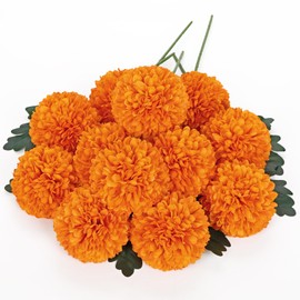 Briful 12 Pcs Artificial Orange Chrysanthemum Stems – 11” Tall Silk Mums Flower Heads with Green Leaves, Flexible Stems for Fall Floral Pick Arrangements, Home, Wedding & Seasonal Decorations