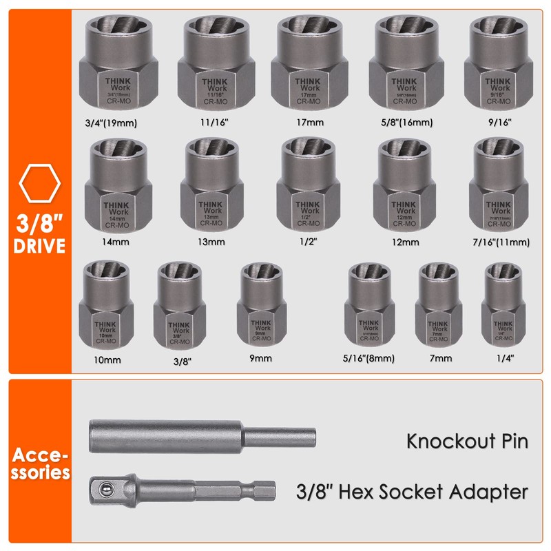 THINKWORK Bolt Extractor Kit, 18-Piece Nut Extractor Socket Set, 3/8"