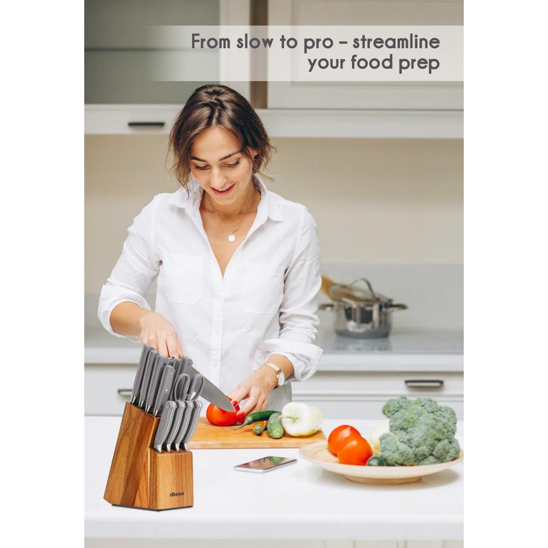 elitequo 13 pieces Kitchen Knife Block Set with Sharpener,Dishwasher Safe,German