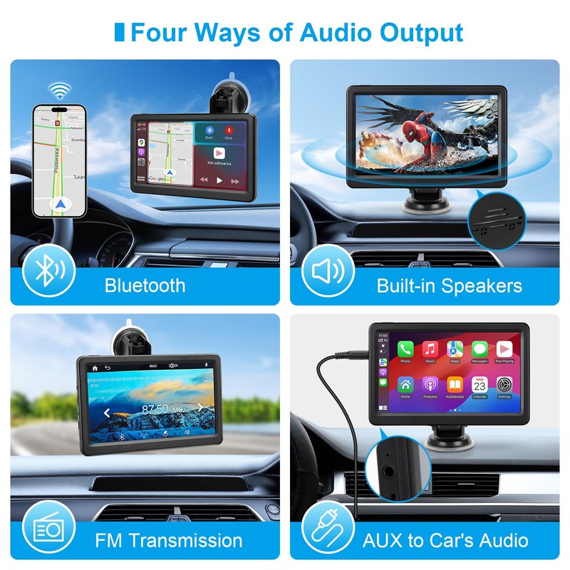 Wireless Carplay Screen for Car, 7" HD Touch Screen Portable