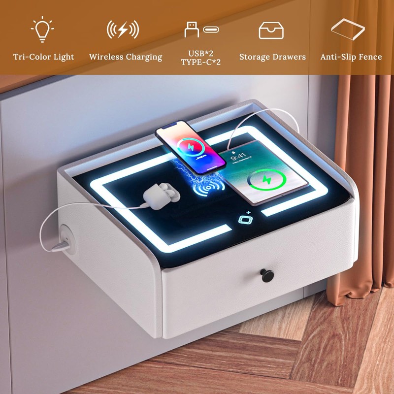 HOMEMORE Floating Nightstand with Charging Station Bedside Table LED Smart