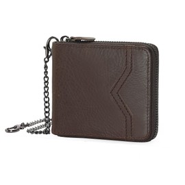 GOIACII Men's Muti-Functional RFID Protection Zip Short Genuine Leather Wallet with 9 Card Case, 1 Coin Compartment, 2 Banknote Compartments and 1 ID Window Wallet, coffee