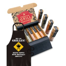 BBQ Grill Spices & Grill Apron for Men, 5 Exquisite Barbecue Spices Including Recipes, Perfect Grill Gift for Men, Grilling Gifts, Grill Accessories, Grill Spices Set
