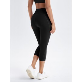 ODODOS Women's High Waisted Yoga Capris with Pockets, 21" Inseam Tummy Control Workout Sports Running Capri Leggings, Black, X-Large