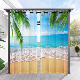ANHOPE Outdoor Curtains Grommet Top Waterproof Window Drapes Tropical Hawaii Palm Tree Beach Ocean Print Pattern Outside Privacy Curtains for Patio Pergola Gazebo Cabana Porch 2 Panels 60 x 120 Inch