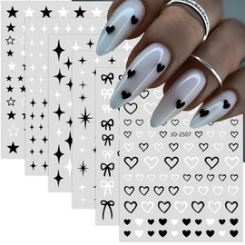 6Sheet Heart Nail Art Stickers Cute Bow Stars Hearts Star Nail Decals 3D Self-Adhesive Simple Heart Stickers for Nail Art Design Black White Bow Star Heart Nail Charms for DIY Manicure Decoration