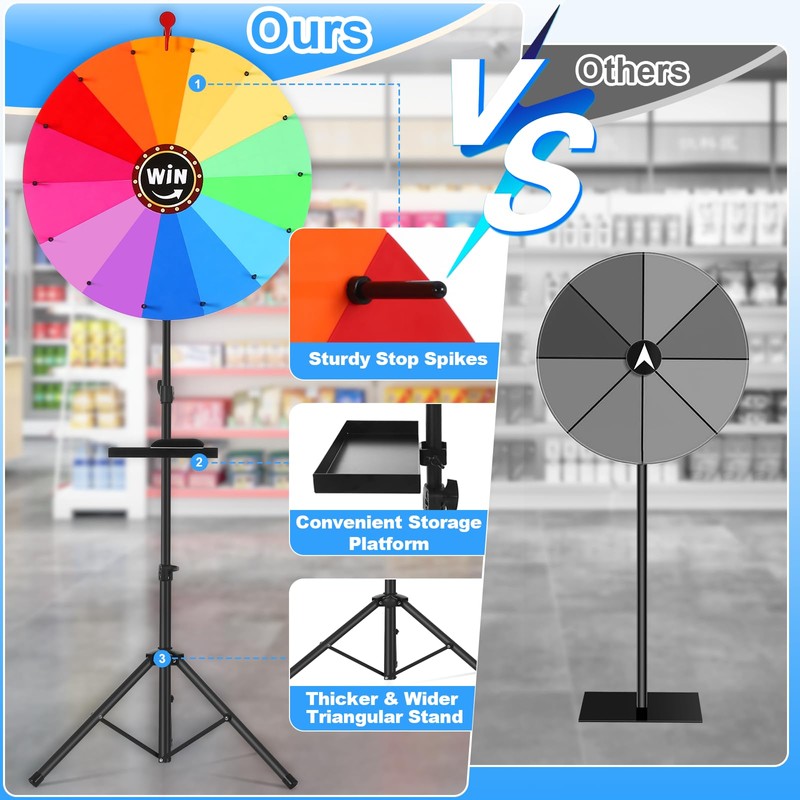 AugFir 24-inch Spinning Prize Wheel, Ajustable 37"-65" Height Spinning Wheel,