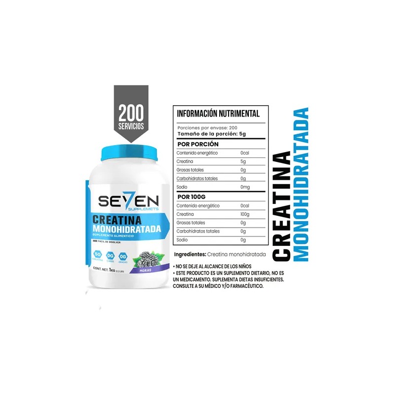 Suplemento Creatina Monohidratada Seven 1 Kg 200 Servicios Mora