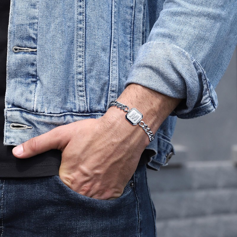 Initial Bracelet Silver Squre A-Z Letter Cuban Link Chain Mens