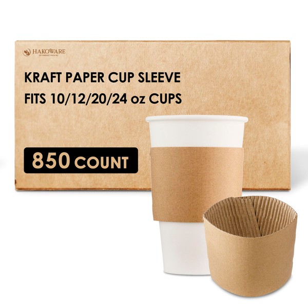 [850 COUNT] HAKOWARE by Harvest Pack Disposable Corrugated Kraft Paper Cup Sleeves, Brown, Fits 10/12/20/24 oz Cups