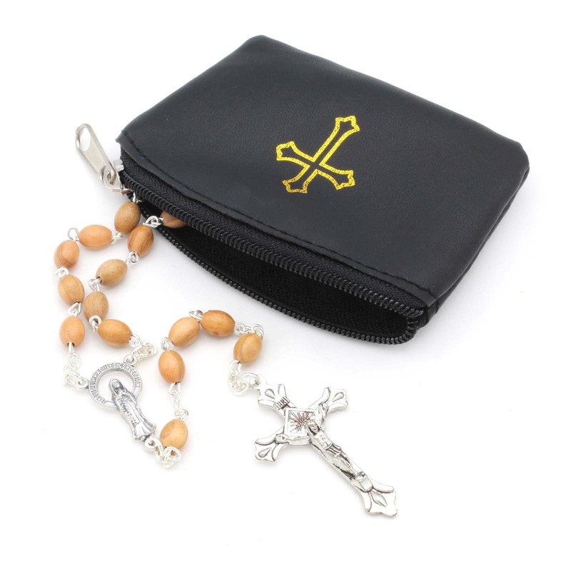 Black Rosary Pouch with Zipper and Gold Cross Imprint -