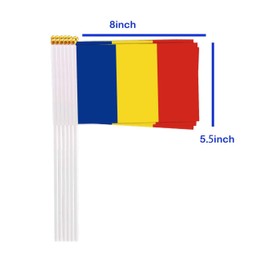 25 Packs Small Romania Flags on Handheld Stick，Miniature Romanian Flag for Outside,4x6 Inch Mini Hand Held Banner with Golden Topper,Patriotic Decorations