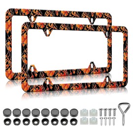 Red Flame License Plate Frames - 2 Pack Burning Fire Stainless Steel License Plate Holder,Rust-Proof Waterproof Car Decorative Tag Frames with Screws Fasteners Caps