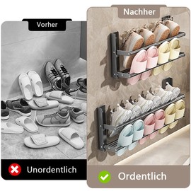 DongMaple Metal Shoe Rack, 2 Levels, Shoe Rack, Wall Space-Saving, for 2 Pairs of Shoes, Shoe Organiser for Motorhome and Bathroom, 35 cm Length, Grey