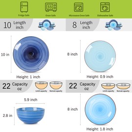 Selamica Ceramic 16-Pieces Dinnerware Set, Ceramic Dishes Set for 4, Kitchen Plates and Bowls Sets, Dinner Plates Set, Spray Black Dots, Gradient Blue