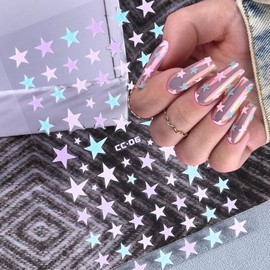 6PCS Flower Nail Stickers Summer Nail Decals Self Adhesive Nail Supplies 3D Glitter Pink Blue Daisy Flowers Heart Star Lips Pattern with Design Sparkling Colorful Charms for Women DIY Manicure Decor