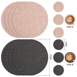 Myir JUN Leather Placemats and Coaster Set of 4, Table Mats Round Waterproof Dual Sided Kitchen Place Mats Coffee Mats Heat Resistant Placemat Non-Slip Washable (set of 4, Grey Pink)