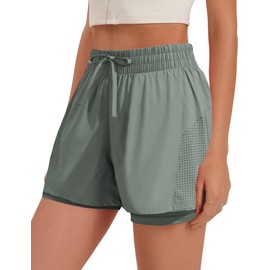 PINSPARK - Pantalones cortos deportivos para mujer, pantalones cortos de entrenamiento 2 en 1, cintura alta, pantalones cortos para correr, gimnasio, secado rápido, con bolsillos, Gris verdoso, M