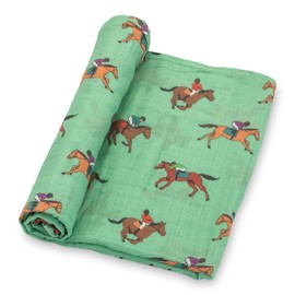 LollyBanks Swaddle Blanket, 100% Cotton Muslin Swaddle Blankets, Neutral Swaddle Blanket 47 x 47 Inches, Baby Blanket for Boys and Girls, Baby Essentials, Registry (Horse Racing Print)