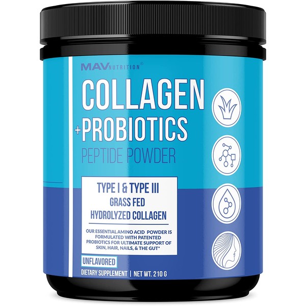 MAV Nutrition Collagen + Probiotics Peptide Powder, Type 1 & Type 3 Grass-Fed Hydrolyzed Pure Hydrolyzed Collagen, Unflavored, 210g