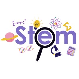 STEM Banner Art with Magnifying Glass, Calculator, Light Bulb, Planet, Neutron, DNA, Microscope and Famous Math Equation E Equals M C Squared From Albert for Class Wall Decoration - Science Technology Engineering Mathematics Creative Artwork Design for S