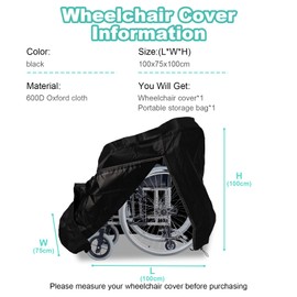 Wheelchair Protective Cover, Manual Wheelchair Cover, 600D Oxford Fabric, Lightweight, Waterproof, Protection for Mobility Scooter Against Dust, Dirt, Snow, Rain, Sun Rays, 100 x 100 x 75 cm (Black)
