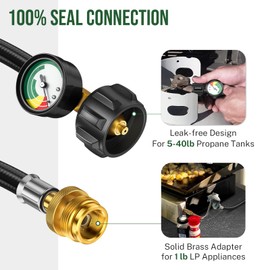 Alloxity 6ft Propane Hose Adapter 1lb to 20lb with Gauge, Propane Adapter Hose 1 lb to 20 lb Converter,5-40lb Propane Tank Hose Adapter for Buddy Heater/Weber Q Grill/Coleman Stove/Blackstone Griddle