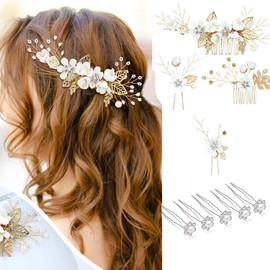 BUYBLIFE Bridal Wedding Hair Accessories Set, Set of 4 Bridesmaid Flower Hair Pins Elegant Jewelry Rhinestone for Women Girls, with 5pcs Crystal Pearl Bridal Headpieces