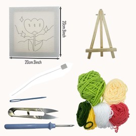 Allazone Punch Needle Starter Kit, Punch Needle Embroidery Kit Frame, Square Punch Needle Fabric with Flower Pattern, Hoop, Yarns, Punch Needle (Green and Pink Tulip)