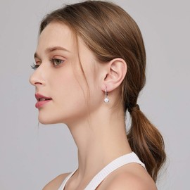 jiamiaoi 18 Carat White Gold Plated Pearl Earrings, Silver 925, Hanging Pearl Earrings, Women's Pearl Earrings, Silver Hanging Pearl Earrings, Hoop Earrings with Pearl, 10 mm Silver Earrings, Pearl,