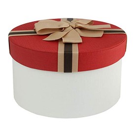 Emartbuy 20 x 11 cm Round Gift Box, White Box with Red Lid and Striped Brown Ribbon