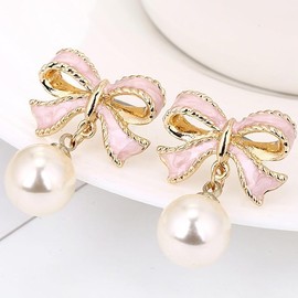 Bow Earring for Women Sparkly Bow Earrings for Women Pearl Bow Earrings Womens for Valentines Day (Pink, One size)