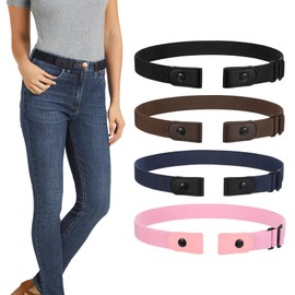 LEACOOLKEY 4 Pack No Buckle Invisible Stretch Belt Buckle-Free Elastic Belt for Women and Men,Black+Coffee+Blue+Pink,Suit for waist size 34"-50"