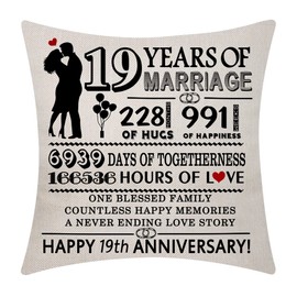 19th Wedding Anniversary Cushion Cover Throw Pillow Cove 18x18 Inch 19 Years of Marriage Present Marriage Keepsake Decoration Gift for Couples Parents Women Men Husband Wife Wedding Anniversary(19)