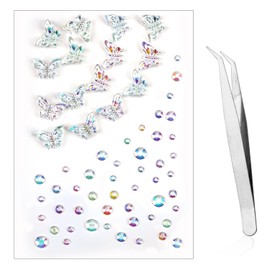 Rhinestone Stickers, 15pcs Aurora Butterfly & 45pcs Round Diamond Face Stickers for Crafts with Tweezers Glitter Butterfly Sparkle Gem Jewels Face Stickers for Face Nail Phone Decoration Supplies