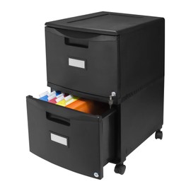 Storex Plastic 2-Drawer Mobile File Cabinet, All-Steel Lock and Key, Black