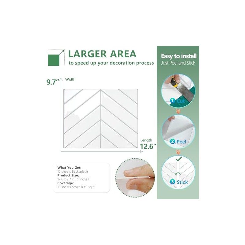 STICKGOO 10 Sheets Thicker Herringbone Peel and Stick Backsplash, 12.6”×9.7”