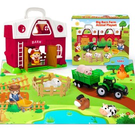 Farm Animal Toys for 1 2 3 Year Old Toddlers, Big Red Barn with Game Mat & Animals & Tractor Toy for Boys Girls, Montessori Learning Interactive Playset for Kids 1-3, Ideal Christmas Birthday Gifts