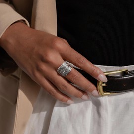 Mytys 2 Tone Intertwined Crossover Statement Ring Fashion Chunky Band Rings for Women Black Gold Silver Rose Gold Plated Wide Index Finger Rings Costume Jewelry (Silver Size 12)