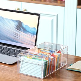 Mooliwe 3'' x 5'' Index Card Holder Acrylic Index Card Organizer, Index Card Box for Desk File Note Card Holders for Index Cards, Clear Card Holder 4 Divider Holds 600 Cards 5.6W x 10D x 4H