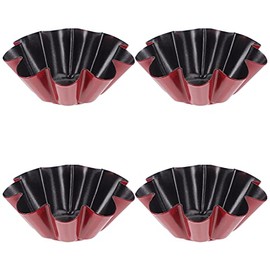 DOITOOL 4Pcs Carbon Steel Egg Tart Mold for Baking, Nonstick Brioche Tin Pan, Flower- Shape Tart Shells Moulds for Baking Cupcake, Pie, Cookie ( Black& Red )