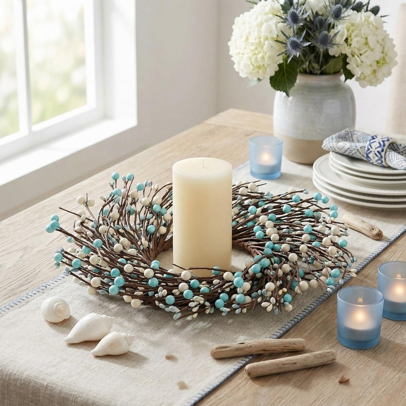 Quixem 15 Inch Rustic Teal Cream Pip Berry Candle Ring