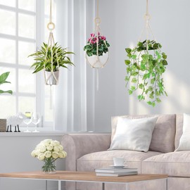 CALLYSONIC Hängeampel, Holzperlen Blumentopf Hängend für Pflanzen, Blumenampel mit Baumwollseil Quasten für Zimmer Deko, Außen, Balkon, Fenster, Balkone (Kein Topf) (weiß 1)