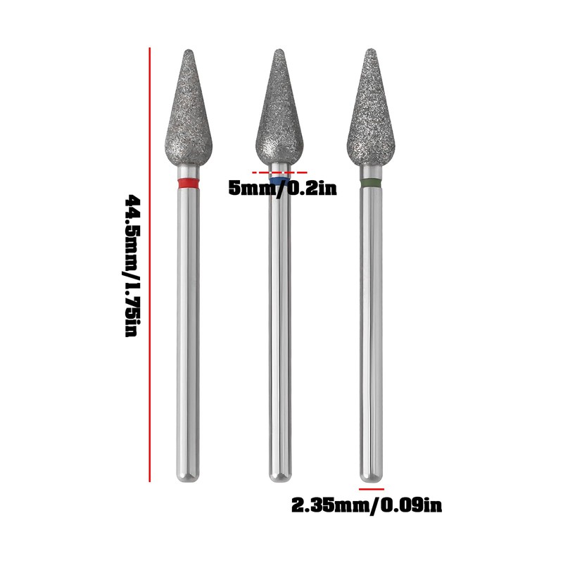 LT Easiyl 3pcs 2.35mm Cone Cuticle Diamond Drill Bit Fine