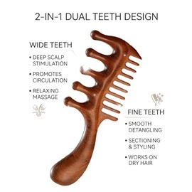 Peine masajeador de cuero cabelludo de madera – Dientes anchos y finos de madera natural con mango para el crecimiento del cabello, cuidado del cuero 