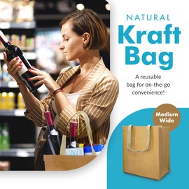 Heavyweight Washable Natural Kraft Paper, Reusable Gift and Grocery Tote Bag with Handle, 12 x 8 x 13, in Tsunami, Set of 2