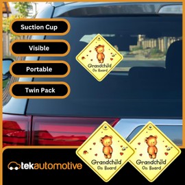 Tek Automotive Grandchild on Board Sign – Twin Pack, High Visibility, Screen Printed Vinyl, 14x14cm with Window Sucker, Easy Secure Fit – Gift for Grandparents